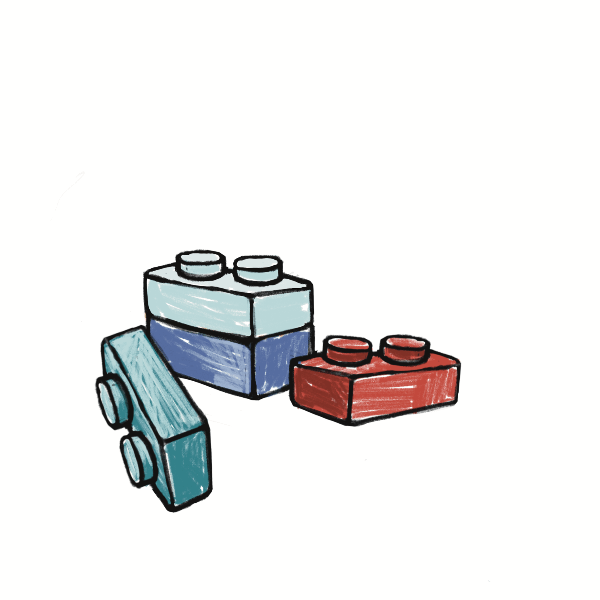 Three illustrated toy bricks: one blue and white, one teal, and one red.