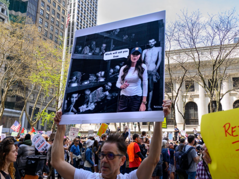 Hands Off! protest at NYC Library on 5th Ave in Midtown Manhattan.