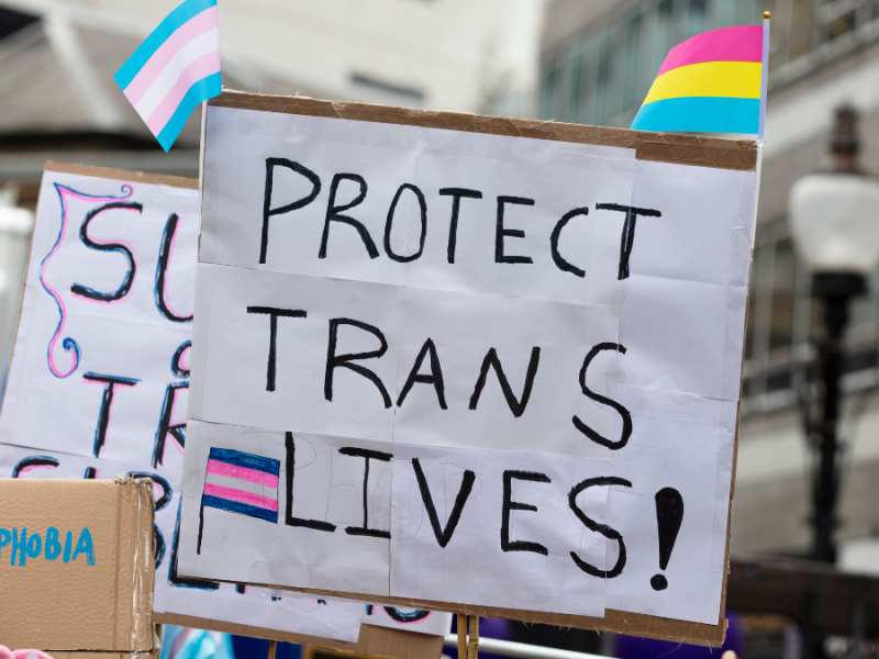 A sign that reads "protect trans lives".
