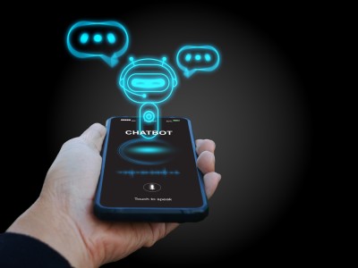 Image of a chatbot emerging froma smartphone