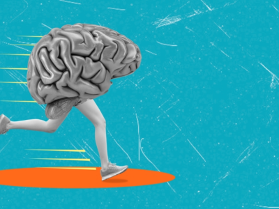 An illustration of a human brain with legs running