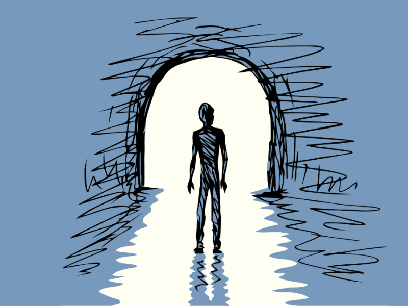 A illustration of a figure entering a dark tunnel, the only light coming from the exit behind him.