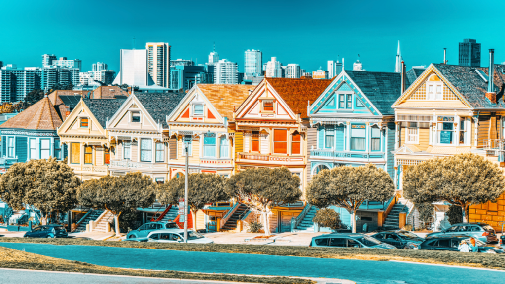 A wide shot of the colorful "Painted Ladies" Victorian homes in San Francisco.