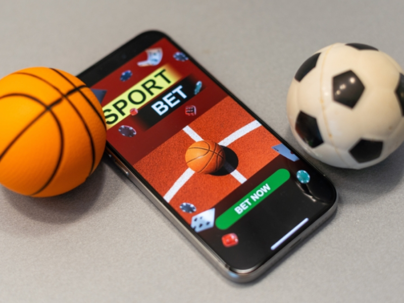 A phone with the words "Sport Bet" on the screen sits on a table next to a small toy basketball and soccer ball.