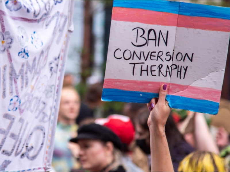 A protestor holds a sign reading "Ban conversion therapy"