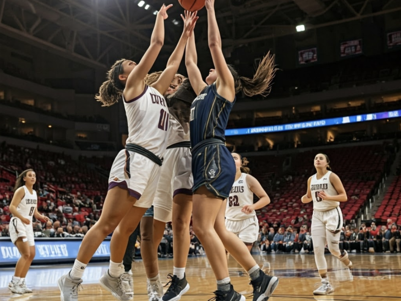 Players jump for the ball at a college women's basketball game