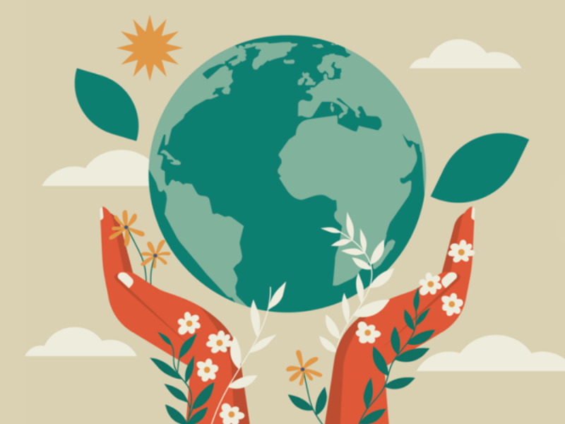An illustration of hands, encircled by vines and flowers, cupping the Earth