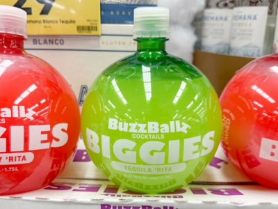 Several BuzzBalls "Biggies" sit on a store shelf
