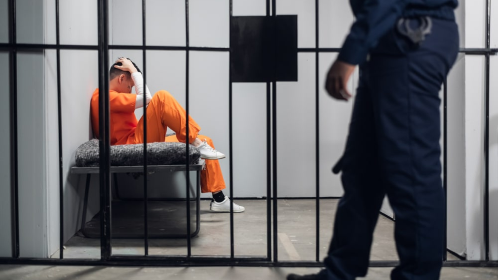 A man puts his head in his hands as he sits on a bed in a prison cell while a guard walks by