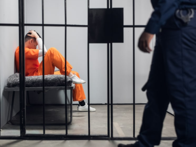 A man puts his head in his hands as he sits on a bed in a prison cell while a guard walks by