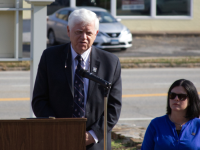 Congressman John Larson at a Veterans Day ceremony in Connecticut, with Wethersfield Mayor Amy Bello standing behind him.