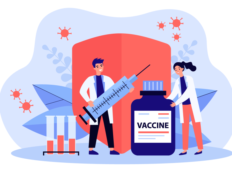 An illustrated graphic of scientists in white lab coats holding a syringe and a vial reading "Vaccine"