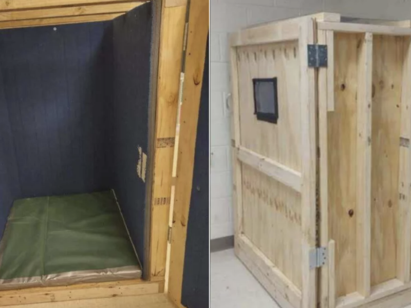 Two images show the inside and outside of a wooden crate in which school staff put multiple disabled students during "time out."