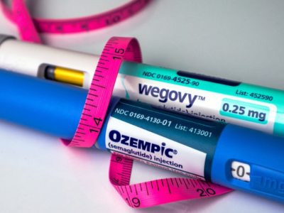 An Ozempic injection pen and Wegovy injection pen sit on a table, tied up by a measuring tape