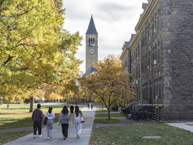 A wide shot of Cornell University's campus in the fall, with students walking down a wide sidewalk.