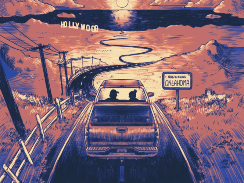 An illustration of two people in a car, driving along a long winding road with the ocean in the distance. One sign says "Now leaving Oklahoma." Another, futher off, is the Hollywood sign.